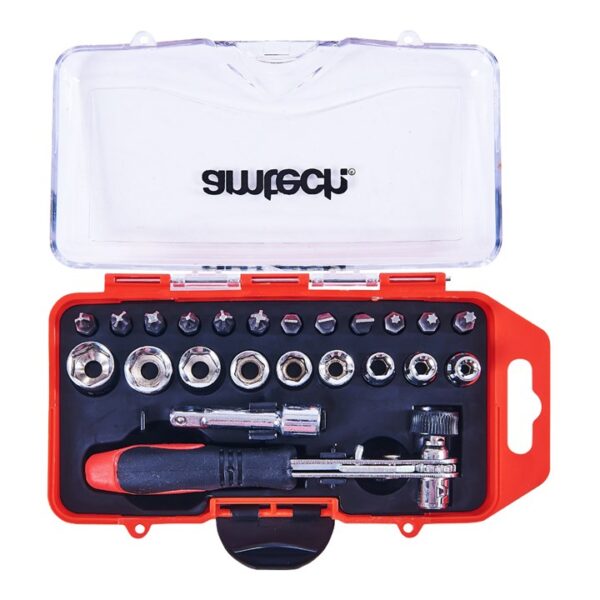 23 Piece offset ratchet handle, bit and socket set