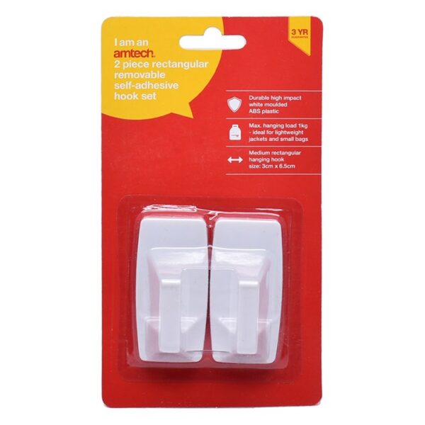 2 Piece rectangular, removable self-adhesive hook set (3cm x 6.5cm)