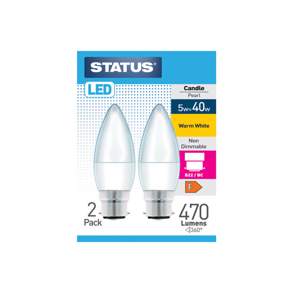 Candle LED 5W Pearl B22 Warm White Twin Pack