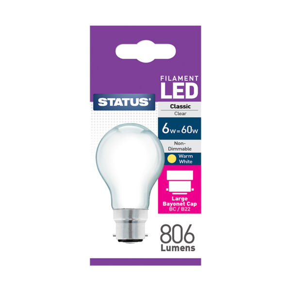 GLS Filament LED 6W 806L Bayonet Cap Pearl Boxed